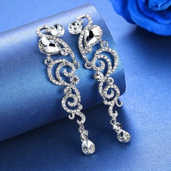 Silver Crystal Teardrop Rhinestone Dangle Earrings Wedding Bridal Prom Jewelry - Picture 2 of 6